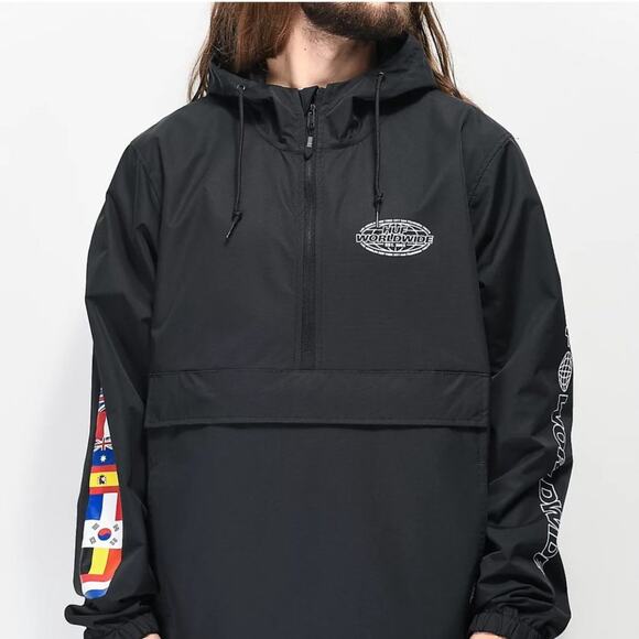 Huf Other - HUF Worldwide Flag Anorak Windbreaker Jacket Black Half Zip Streetwear Large